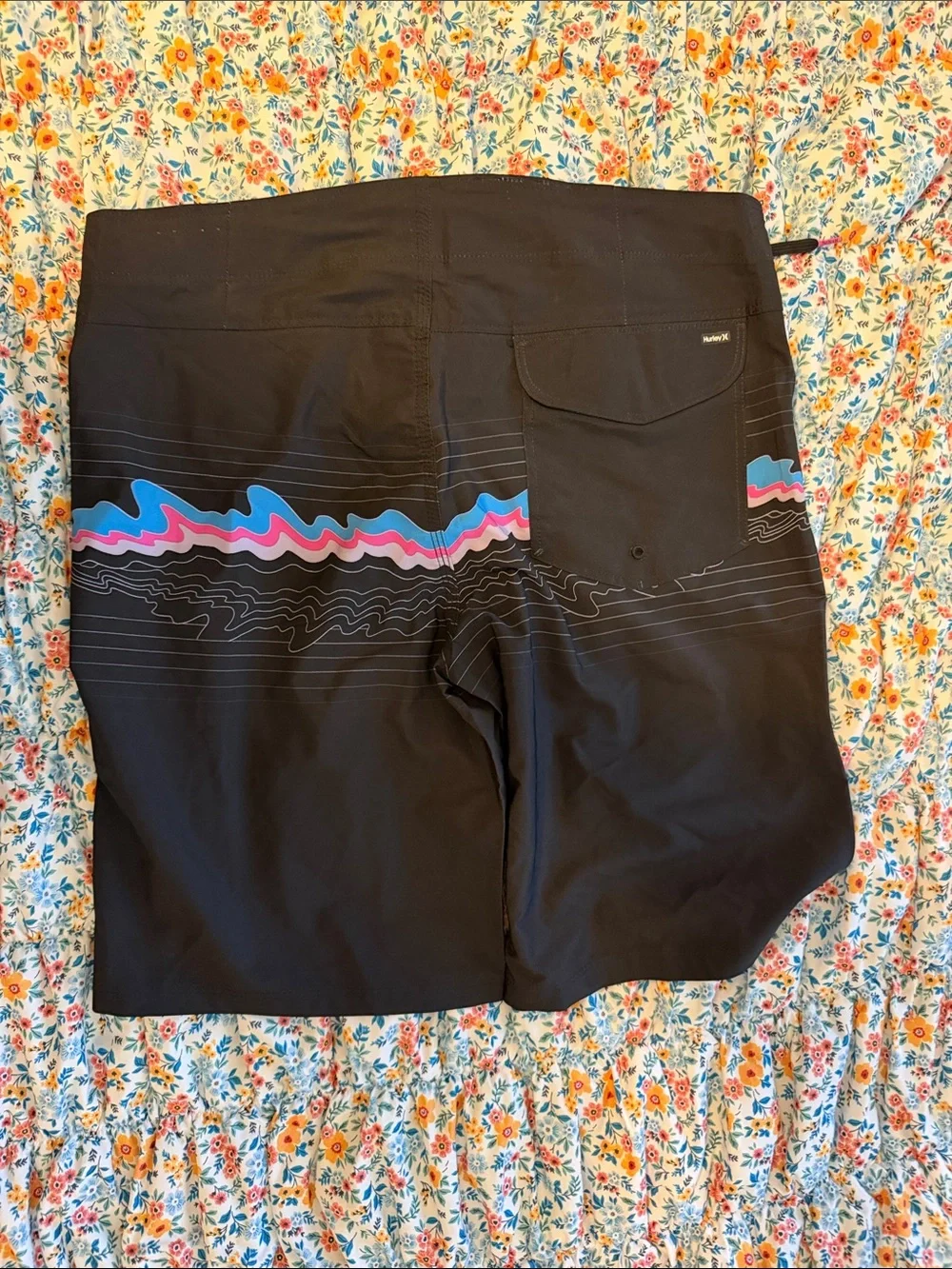 Hurley Black Board Shorts with Blue & Pink Wave Stripe